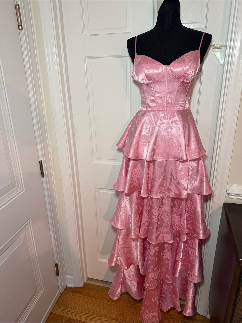 B Darlin Pink Tiered Satin Floral Prom Dress